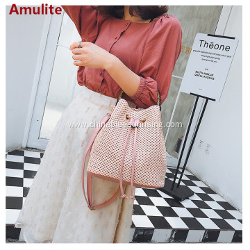 Summer new fashion bamboo handle bucket straw bag